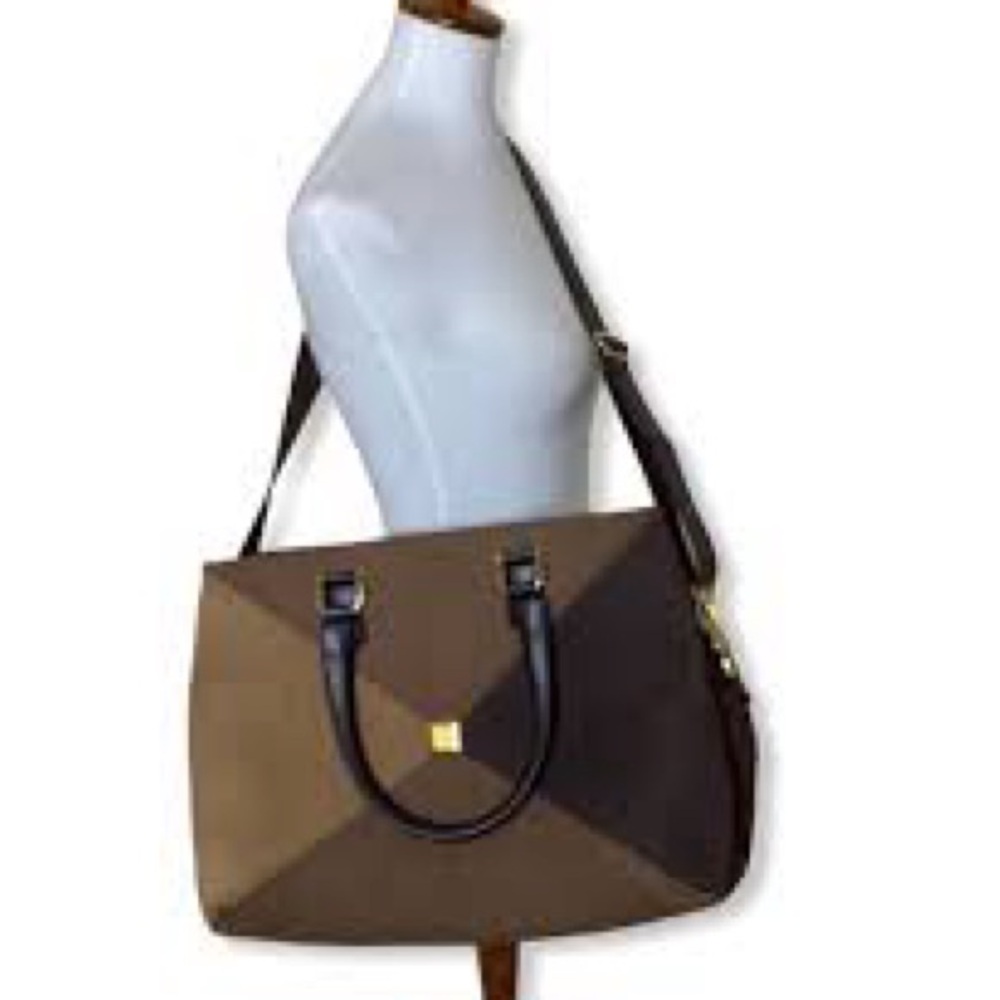DIANE VON FURSTENBERG Two-Way Weekender Duffle Travel Bag Brown Suede Tri-Tone
